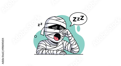Tired cartoon mummy yawning and rubbing its eyes while dreaming about sleep with zzz symbols in a bubble.