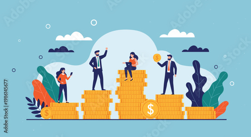 Diverse group of business people achieving success and reaching higher goals while standing on coin stacks.