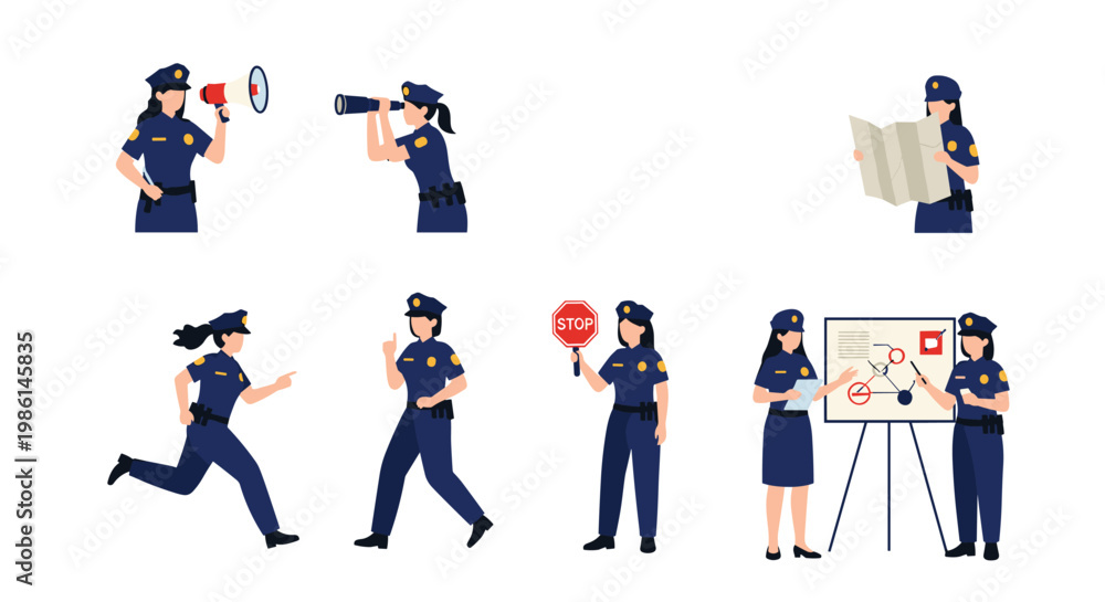 Fototapeta premium Collection of female police officers performing various duties such as running, using a megaphone, and binoculars.