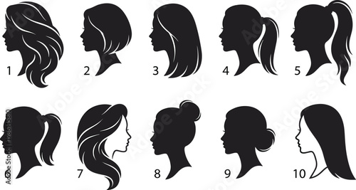 Woman Hair Style Silhouette Set with Various Hairstyles Including Ponytail Bun Long and Short Hair, Female Head Profile Vector Illustration Symbols
