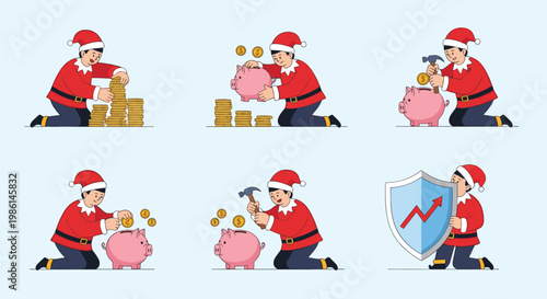 Industrious christmas elf saving gold coins in a piggy bank and protecting his financial growth with a shield.