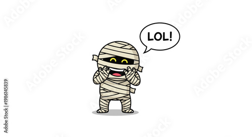 Cute cartoon mummy laughing with its hands on its face and a speech bubble saying lol for halloween fun.
