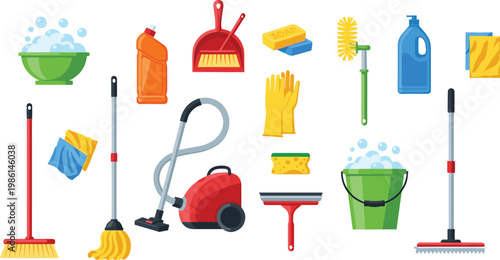 Cleaning Tools Illustration Set with Mop, Vacuum, Broom, Bucket, Gloves, and Soap for Housekeeping and Household Chores