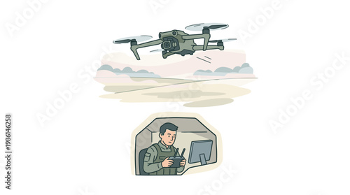 FPV drone hovering over misty field with operator in bunker controlling remote battlefield surveillance