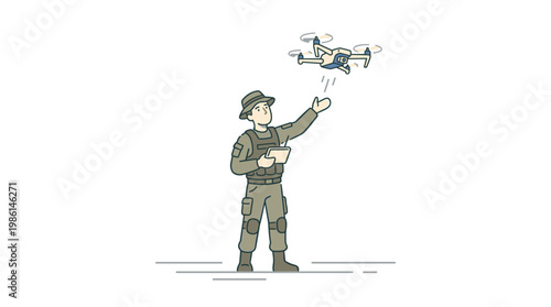 Soldier launching reconnaissance drone: flat vector illustration of military operator with technology