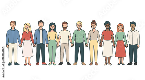 Diverse group of people holding hands in a row: unity, friendship, and community flat vector illustration