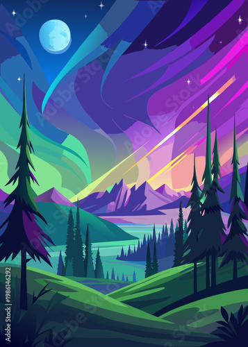 Northern lights over a serene landscape a vibrant and colorful night scene