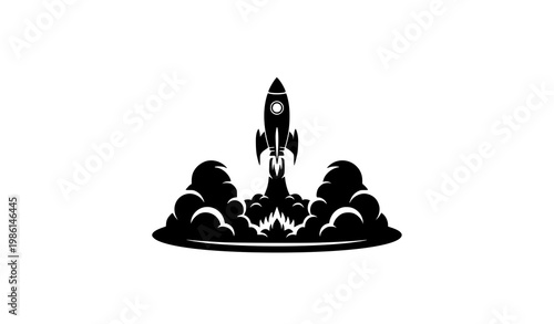 Rocket launch emblem vector illustration with smoke and fire symbol for startup growth and space mission branding