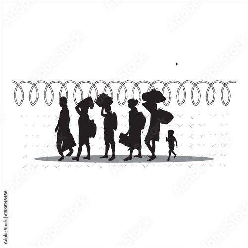 Silhouetted refugees carrying belongings walking past barbed wire fence during daytime