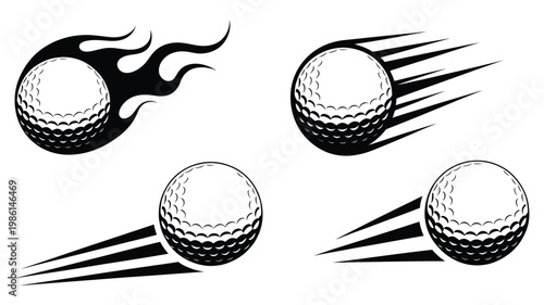 Flying golf ball sport icons, clean line and flat vector illustration collection featuring airborne golf ball, motion