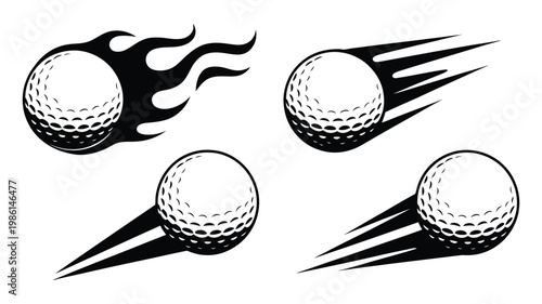 Flying golf ball sport icons, dynamic motion vector set showing golf ball with speed lines and trajectory paths