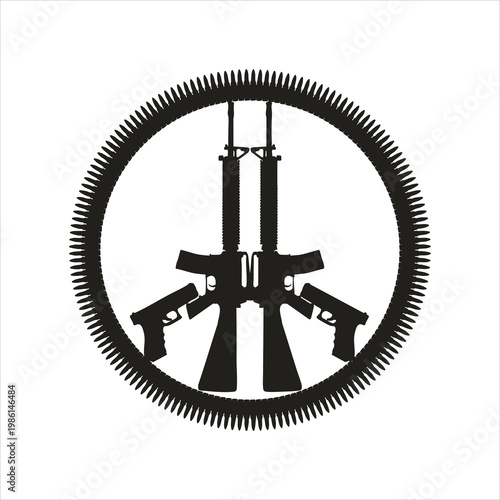 Two assault rifles and two pistols forming a peace symbol inside a bullet belt circle