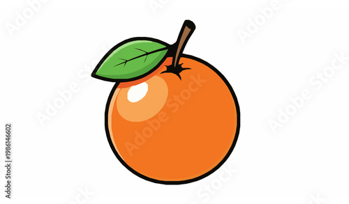 Cartoon ripe orange fruit vector illustration with green leaf isolated on white background