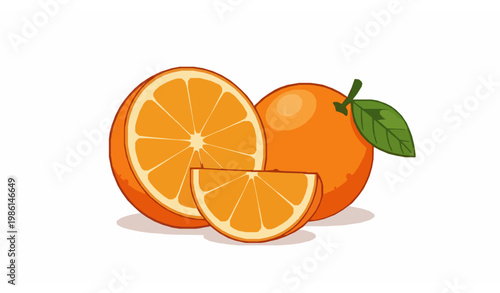 Orange fruit half cut cartoon vector illustration with juicy citrus segments and leaf design