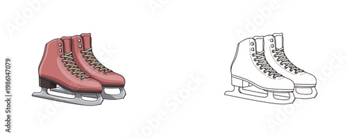 Ice skates cartoon illustrations in pink and black line styles with silver blades representing winter equipment for ice skating and outdoor activities on a white background