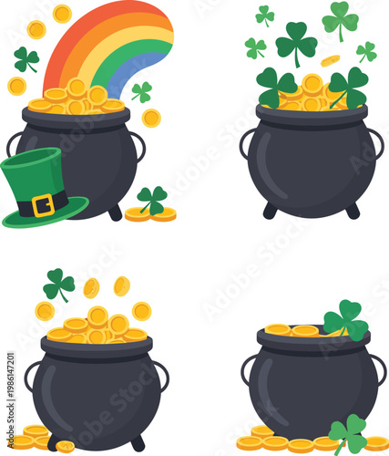 Pot with gold vector collection, treasure pots overflowing with gold coins for luck, wealth, fortune, fantasy themes, and festive creative design projects.