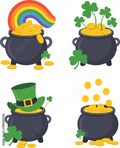 Pot with gold vector collection, treasure pots overflowing with gold coins for luck, wealth, fortune, fantasy themes, and festive creative design projects.