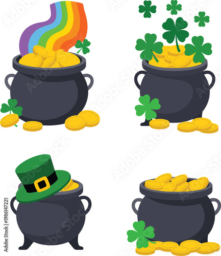 Pot with gold set, includes treasure pots filled with gold coins, vector illustration for wealth, fortune, luck, fantasy, and festive design projects.