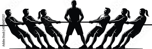 Tug of War Silhouette Illustration Set with Strong Athletes Competing in Team Sports and Physical Strength Challenge