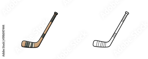 Hockey stick cartoon illustrations in wood brown and black line styles representing professional sports equipment for team games on ice isolated on white background