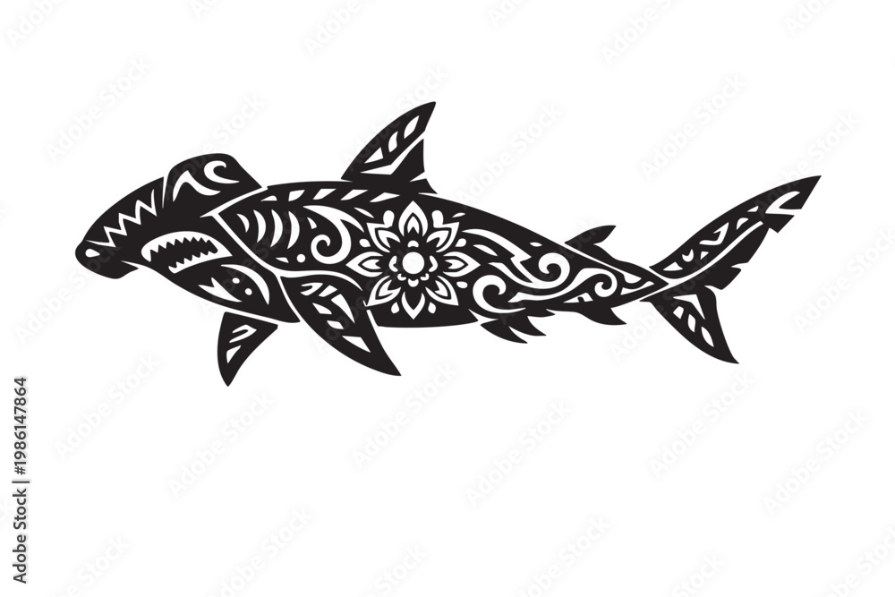 Fototapeta premium Tribal Shark Silhouette with Ornamental Floral Pattern Vector Illustration