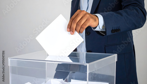 Man in a suit casting a vote into a transparent ballot box with election transparent democracy decision government politics business individual participation campaign candidate campaigning