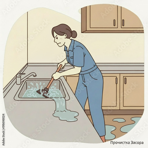 Woman Using Plunger to Clear Clogged Kitchen Sink Overflowing with Water, Home Plumbing Problem and Drain Cleaning Flat Vector Illustration