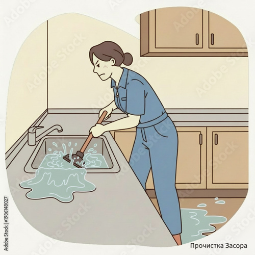 Woman Using Plunger to Clear Clogged Kitchen Sink Overflowing with Water, Home Plumbing Problem and Drain Cleaning Flat Vector Illustration
