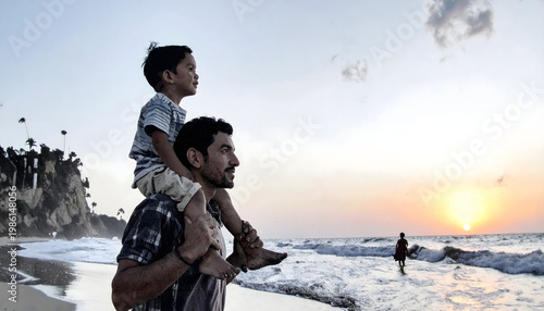 Father carrying son on shoulders at beach during sunset with shoulders carrying together childhood connection affection happiness portrait relationship landscape vacation silhouette
