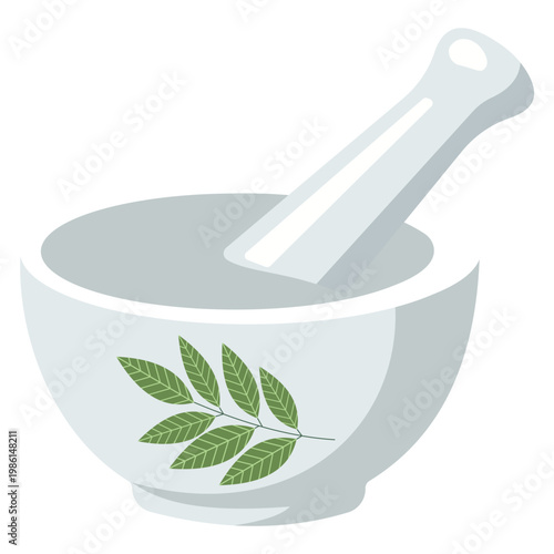 Professional mortar and pestle icon with green leaf for herbal medicine apothecary pharmacy wellness holistic healthcare