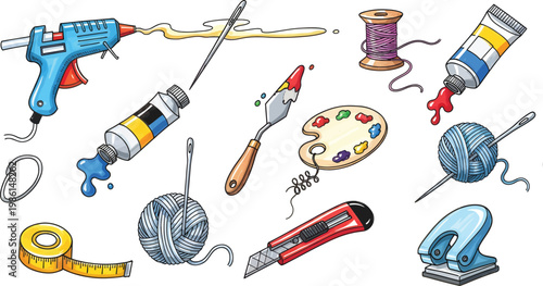 Hand Drawn Vector Illustration Set of Crafting Tools and Art Supplies on White Background