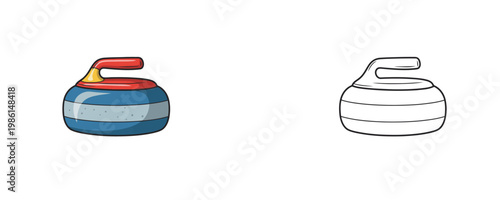 Curling stone cartoon illustrations in blue red and black line styles representing granite sports equipment for winter ice games isolated on white background