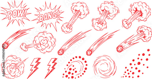 Red Hand Drawn Comic Book Explosion Effects and Action Elements Vector Set