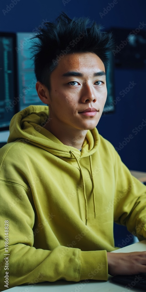 Fototapeta premium Young man wearing yellow hoodie working at computer desk