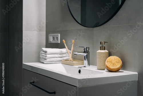 Photography Modern bathroom with sink and hygiene items for daily routines