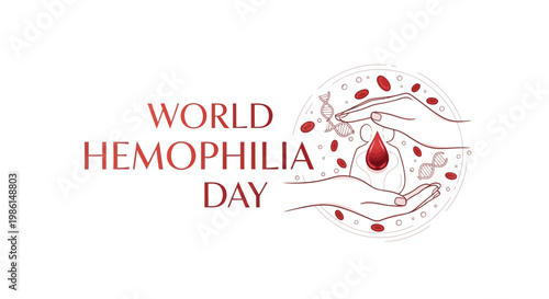 Elegant vector illustration for World Hemophilia Day featuring hands gently holding a stylized red blood drop, symbolizing blood health and patient care, set against a clean white