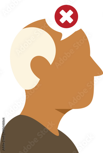 Elderly person head with a red cross mark, representing memory loss or dementia