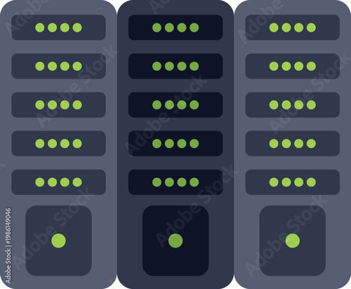Servers with glowing indicator lights processing and storing digital information