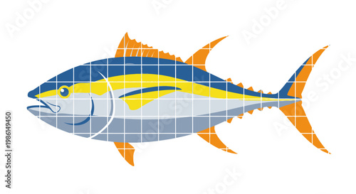 The illustration depicts a yellowfin tuna fish in a graphic style.