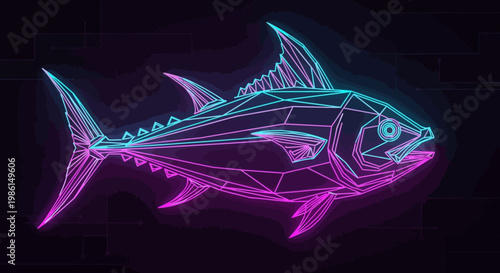 Vibrant neon illustration of a tuna fish swimming in the dark water