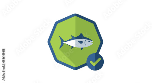 Fish swims inside a checked green octagon shape illustration.