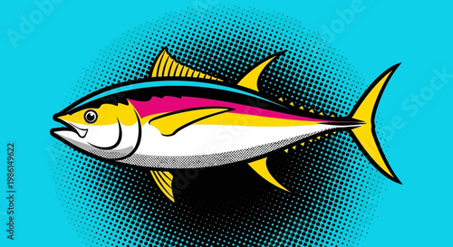 Vibrant yellowfin tuna swims through ocean waves with pink stripe