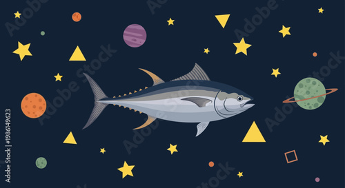 A large fish swims through a vibrant galaxy filled with planets and stars.