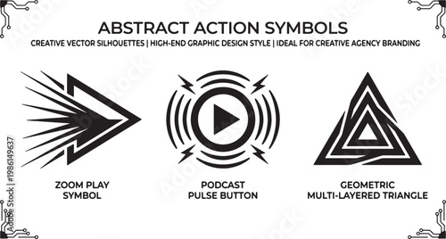 Abstract action symbols collection with zoom play symbol podcast pulse button and geometric multi layered triangle icon. Vector Illustration