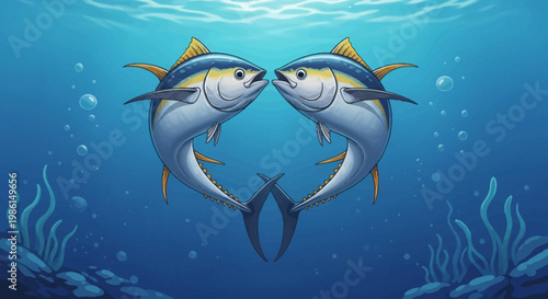 Two tuna fish swim facing each other underwater near coral reef