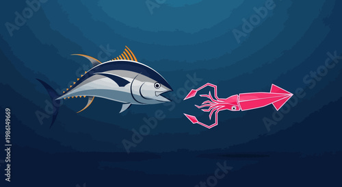 A tuna chases a squid through ocean water in a dark environment.