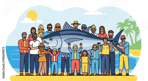 People celebrate with a large fish on a sunny beach