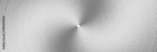Black concentric circle texture. Radial geometric pattern background. Linear epicenter, radar or target concept. Round rippled ring wallpaper for brochure, template, poster, overlay. Vector backdrop
