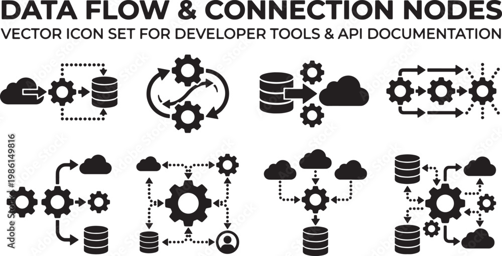 Obraz premium Data flow and connection nodes vector icon set for developer tools plus api documentation technical architecture system. Vector Illustration