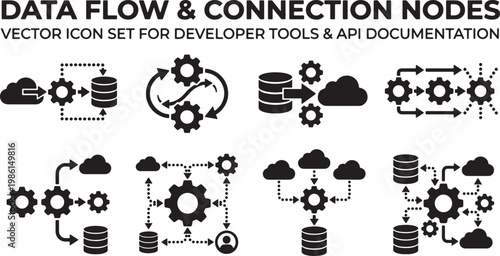 Data flow and connection nodes vector icon set for developer tools plus api documentation technical architecture system. Vector Illustration